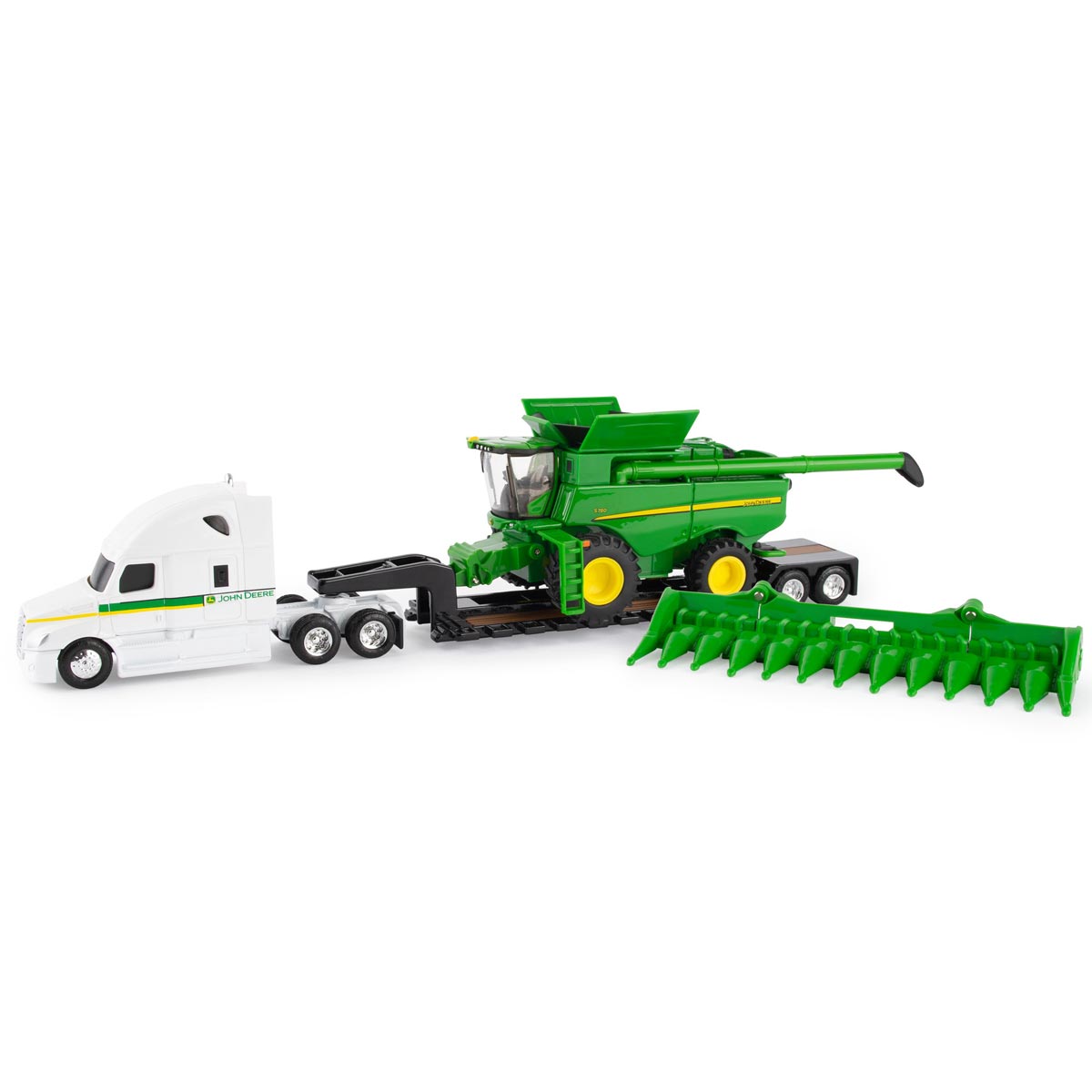 1/64 John Deere Freightliner Semi W/ S780 Combine & Lowboy Trailer
