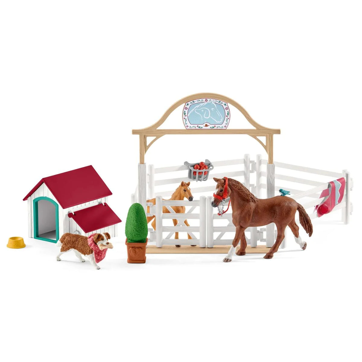 Hannah's guest horses with Ruby the dog